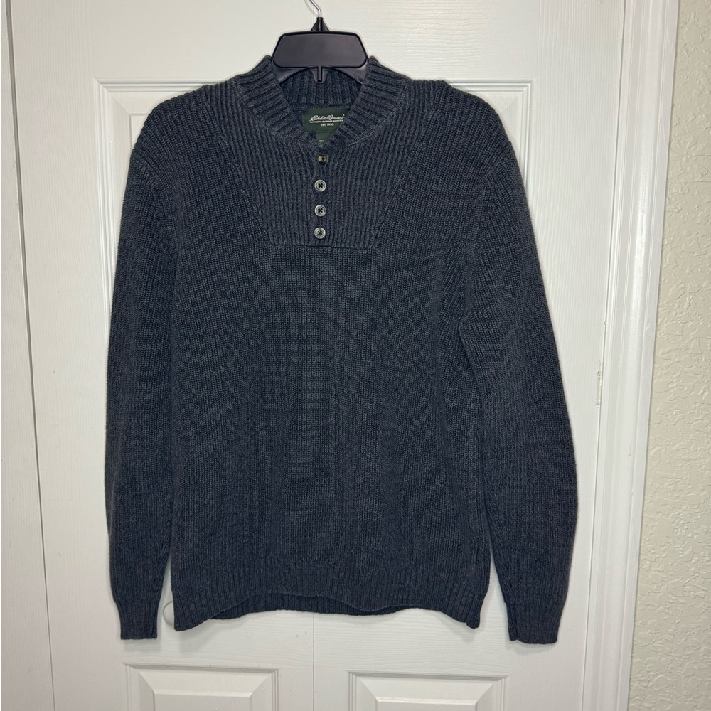 Eddie Bauer Mens Thick Cable Knit Cotton Button Fisherman Sweater M Charcoal